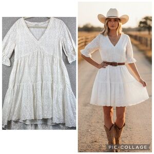 Sundance eyelet midi dress crisp white PS high low hem tiered skirt empire waist